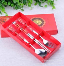 婚庆礼品赠品 加厚不锈钢勺筷组合 厨房用品批发 年年有余勺筷